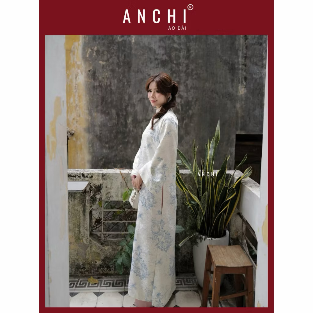￼ANCHI - Áo Dài Châu Vũ Dáng Suông Tay Dài, Chất Vải Gấm Vân Thêu Họa Tiết Màu Sang Trọng