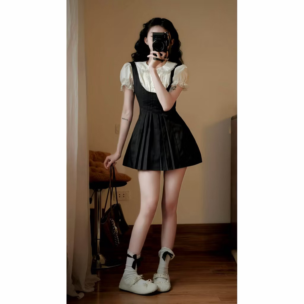 Váy yếm mix sơ mi may liền